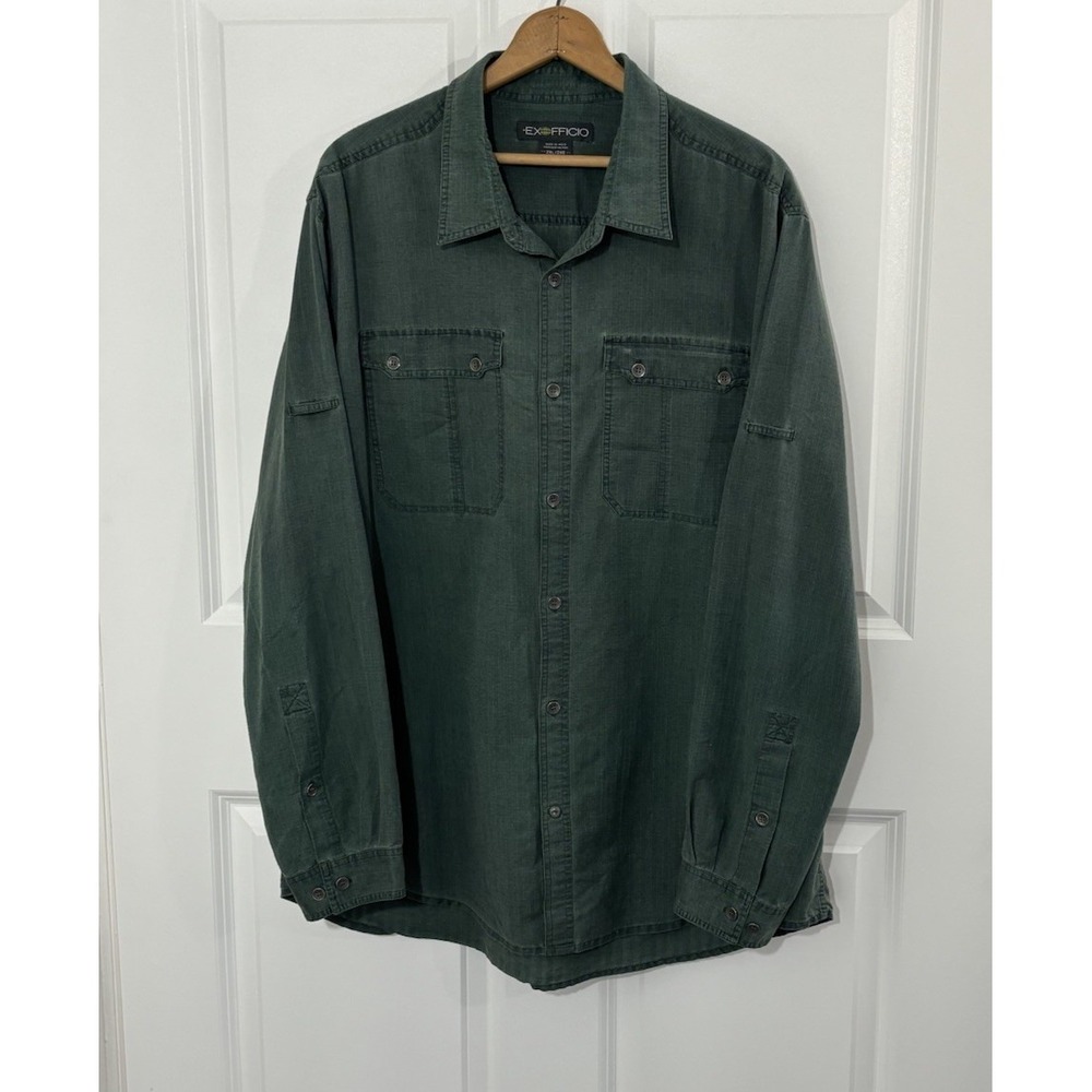 ExOfficio Mens 2XL Green Long Sleeve Button Up Shirt Travel Outdoor Cotton 0631